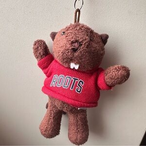 Roots beaver plush keychain with red hoodie